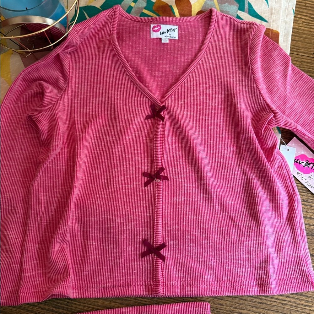 Girls Betsey Johnson Pink V-Neck Cardigan and Cani Set with Bow Accents! NWT